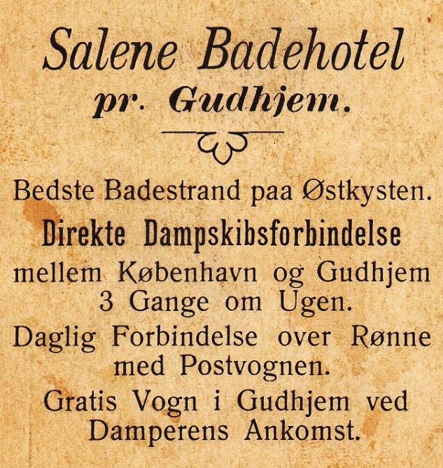 Salene Badehotel, rekamerer med "Direkte Dampskibsforbindelse" og gratis vogn mellem kajen og hotellet.
