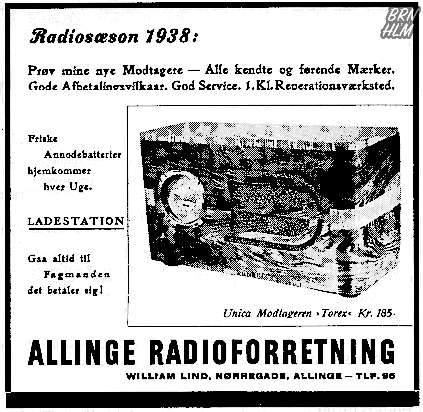 Allinge Radioforretning v. William Lind - Unica radiomodtageren Torex - 1938